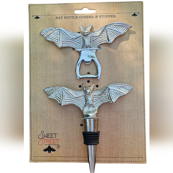 Sweet Street - NEW Distressed Silver Bat Wine Stopper & Bottle Opener India Made - Picture 1 of 6